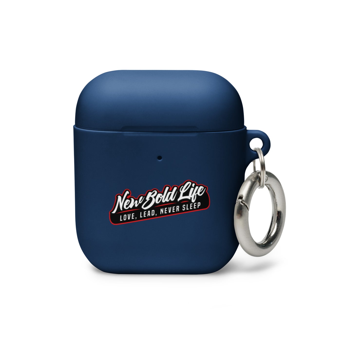 Photo of blue New Bold Life AirPods case - Accessories. Newboldlife logo on front of product.