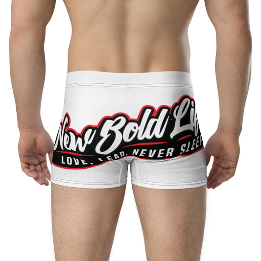 Model wearing New Bold Life Boxer Briefs - Men's Clothing. Large logo on back with small logo on front.