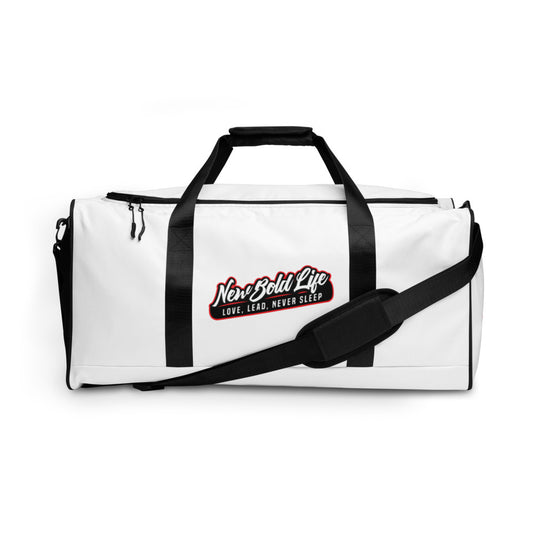 Photo of white New Bold Life Duffle bag - Home and Living. Newboldlife logos on sides and bottom.