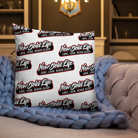Image of Premium New Bold Life Pillow - Home and Living. The pillow is white with multiple Newboldlife logos on the front