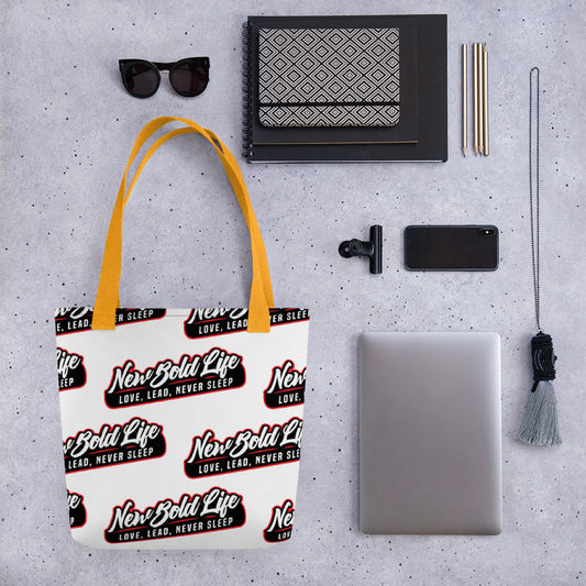Image of New Bold Life Tote bag - Accessories. The bag is white with yellow straps and the Newboldlife logo printed all over.
