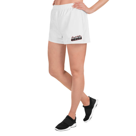 Model wearing all white New Bold Life Women's Athletic Short Shorts - Women's Apparel. Logo on front left leg.
