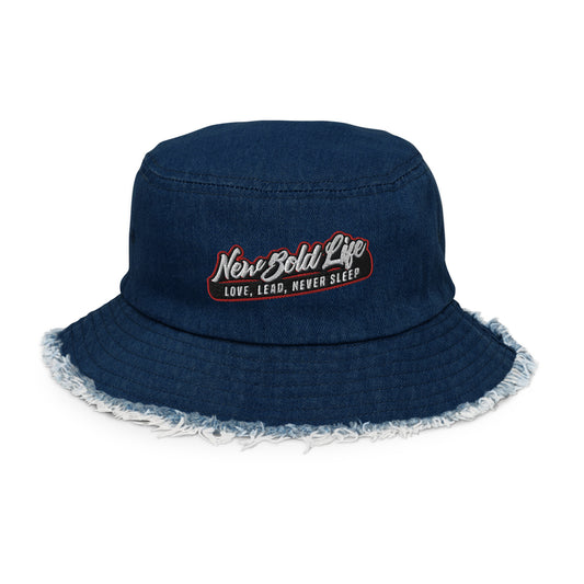 Photo of New Bold Life Distressed Denim Bucket Hat. Denim material with Newboldlife logo. 