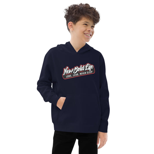 New Bold Life Hoodie - Kid's Clothing. Navy blue with front pockets, large Newboldlife logo on center chest.