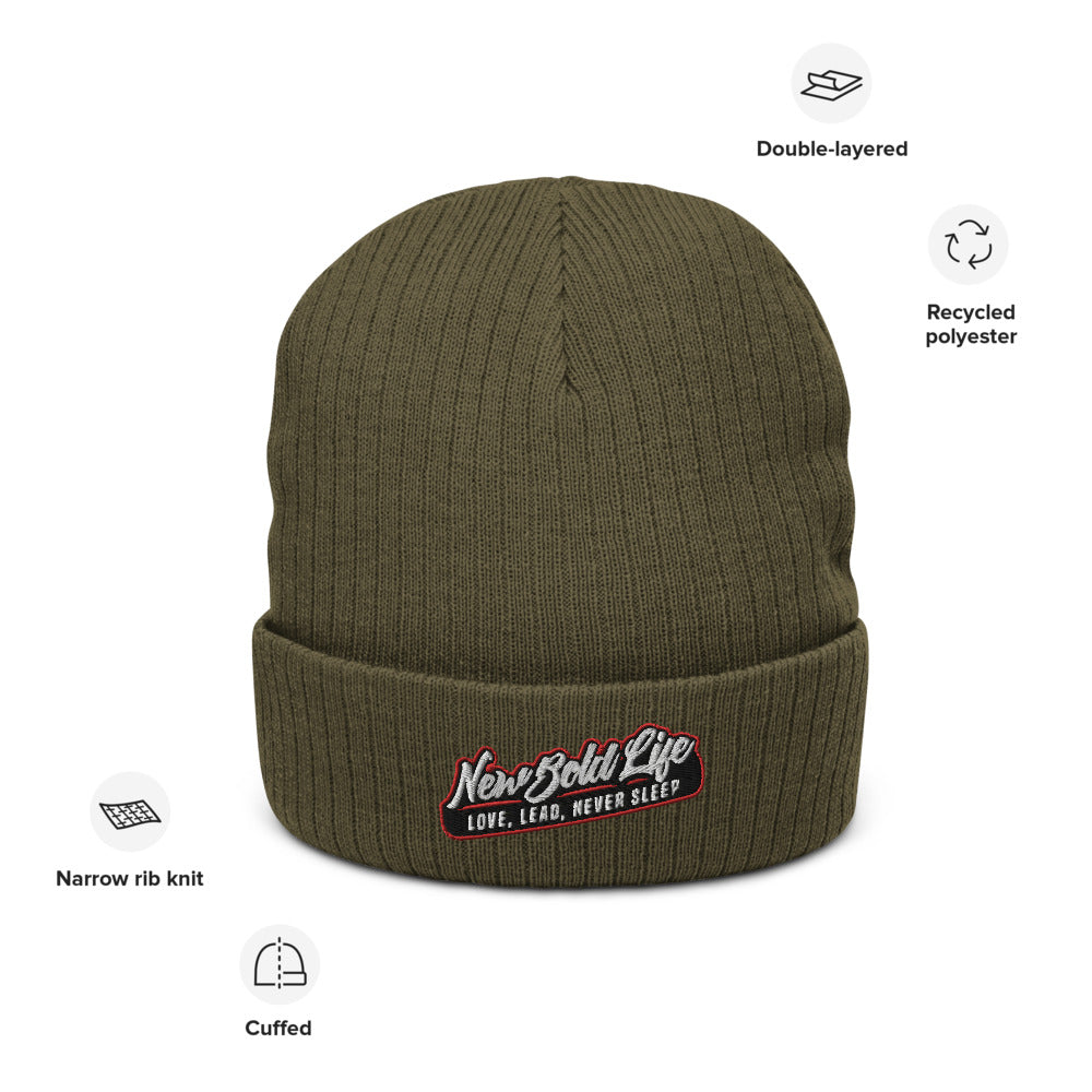 Photo of olive colored New Bold Life Beanie - Hats. Product has stitched Newboldlife logo.