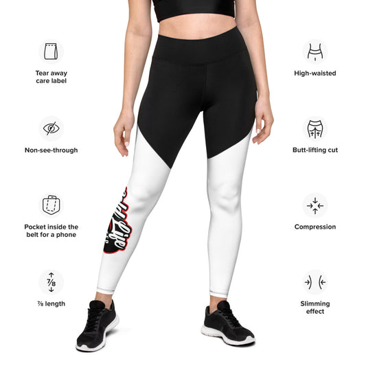 Image of model wearing New Bold Life Sports Leggings - Women's Apparel. These leggings are black and white with the Newboldlife logo placed on the outer right leg.