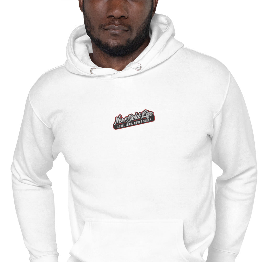 Image of model wearing Unisex New Bold Life Hoodie - Unisex Wear. The hoodie is white with the Newboldlife logo on the center chest.
