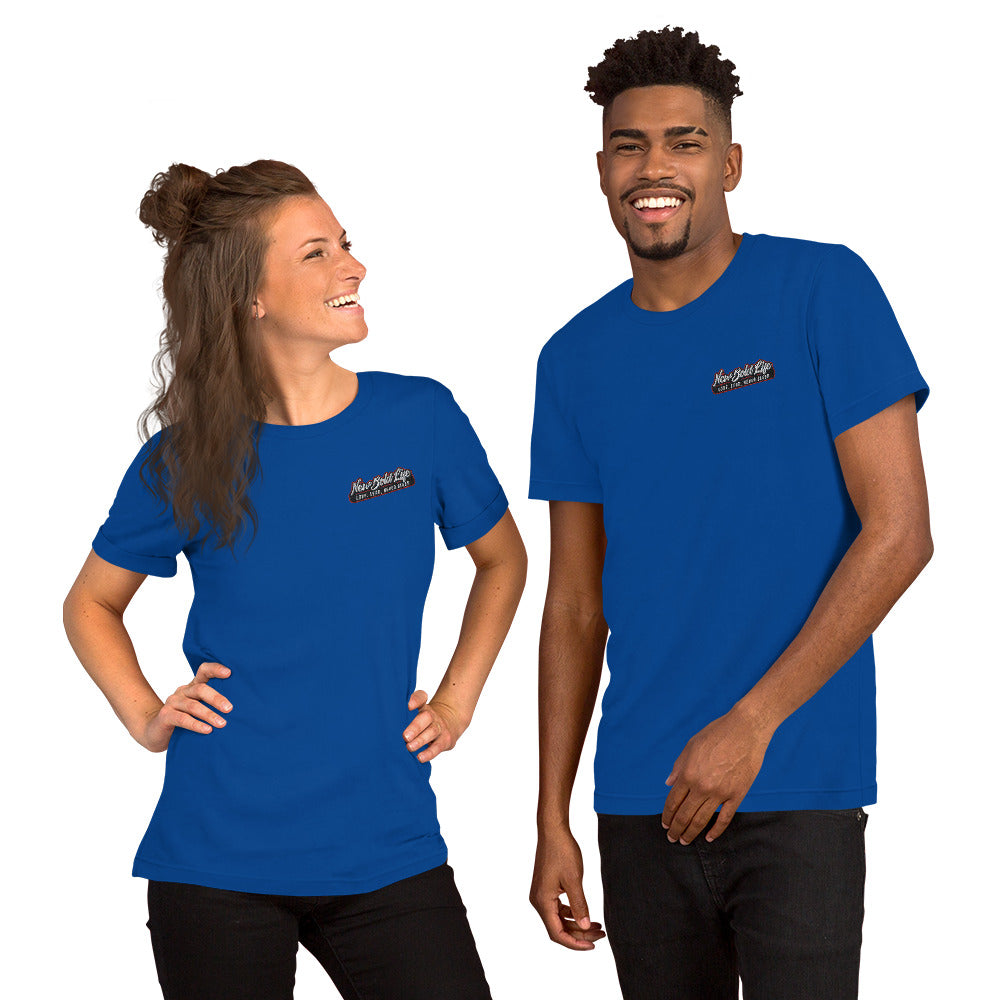 Image shows a male and female model wearing New Bold Life Short-Sleeve Unisex T-Shirt - Unisex Wear. The shirts are blue with a Newboldlife logo on the left chest.