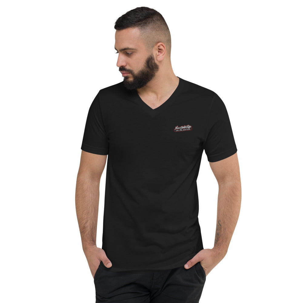 Image of a model wearing New Bold Life Unisex Short Sleeve V-Neck T-Shirt - Unisex Wear. The shirt is black with the Newboldlife logo on the left chest.